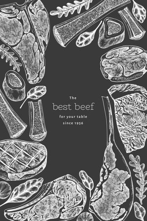 Butchery Shop Chalk Board Design Template. Vector Hand Drawn Meat Banner. Vintage Style Bar BQ Menu Illustration.のイラスト素材