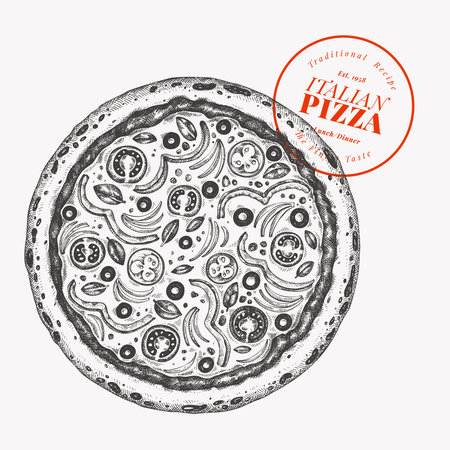 Hand Drawn Vector Pizza Illustration. Retro Vegetarian Pizza Isolated Image. Old School Italian Foodのイラスト素材