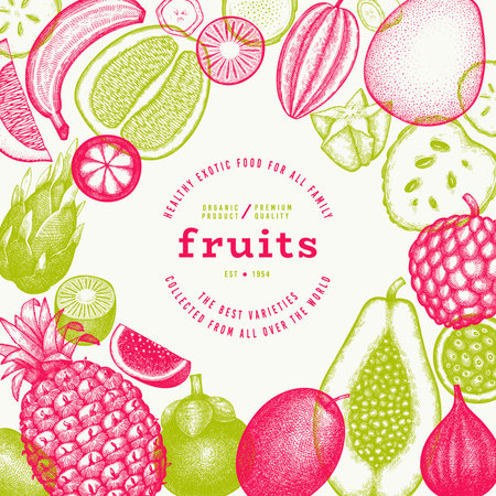 Tropical Fruit Design Template. Vector Hand Drawn Exotic Fruit Banner. Vintage Style Menu Illustration.のイラスト素材