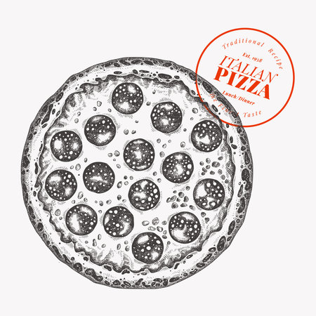 Hand Drawn Vector Pizza Illustration. Retro Pepperoni Pizza Isolated Image. Old School Italian Foodのイラスト素材