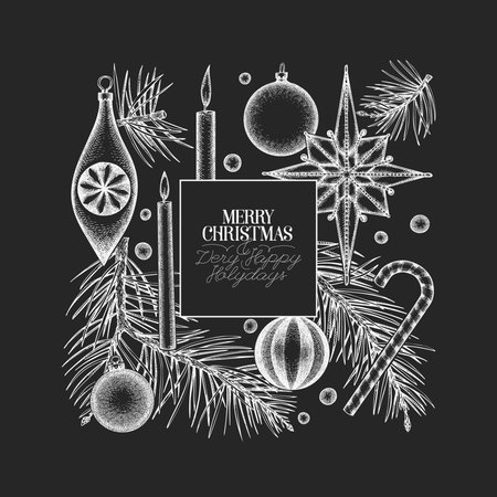 Christmas Hand Drawn Vector Chalk Board Design Template. Vintage Style Botanical Illustration. Winter Holidays Plants Xmas Banner.のイラスト素材