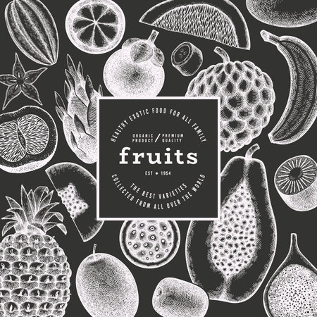 Tropical Fruit Design Template. Vector Hand Drawn Exotic Fruit Chalk Board illustration. Vintage Style Menu Illustration.のイラスト素材