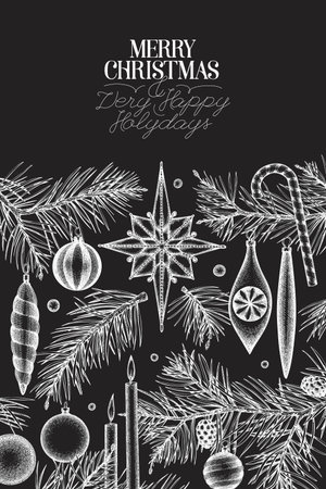 Christmas Hand Drawn Vector Chalk Board Design Template. Vintage Style Botanical Illustration. Winter Holidays Plants Xmas Banner.のイラスト素材
