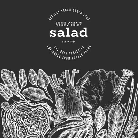 Green Vegetable Design Template. Vector Hand Drawn Healthy Leaf Salad Banner. Vintage Style Menu IllustrationOn Chalk Board.のイラスト素材