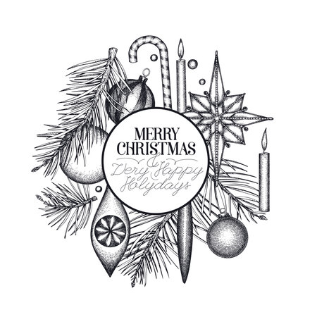 Christmas Hand Drawn Vector Greeting Card Design Template. Vintage Style Botanical Illustration. Winter Holidays Plants Xmas Banner.のイラスト素材