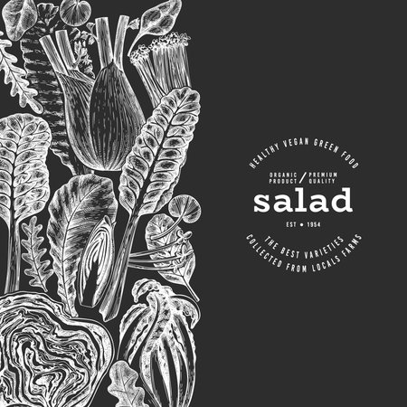 Green Vegetable Design Template. Vector Hand Drawn Healthy Leaf Salad Banner. Vintage Style Menu IllustrationOn Chalk Board.のイラスト素材