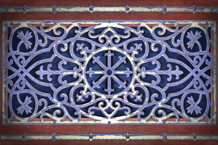 Decorative design in Oriental style on the facade of a wooden door