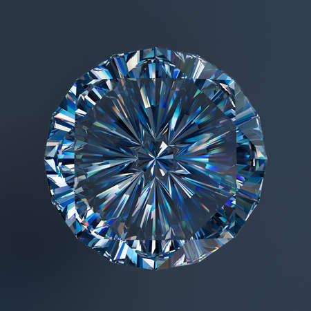 A transparent blut crystal shimmers against a dark background. A precious stone. 3D rendering.