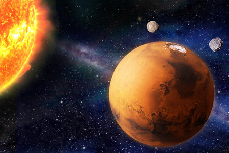 Planet Mars and the sun. Space stars and planets. Astrology. The elements of this image are provided...