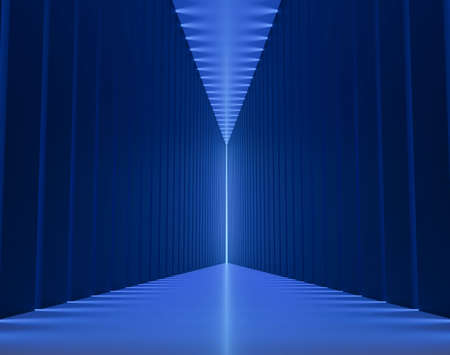 Blue dark long tunnel with gaps. Abstract rectangular corridor. Futuristic background. 3d rendering.