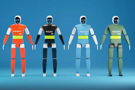 Rescue and military robots. A full-size robot with a monitor on its face on a blue background. 3d...