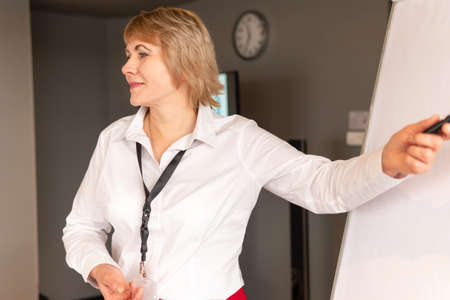 A woman conducts training in a business center. Middle-aged woman coaching at the flipchart Board in...