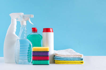 Cleaning products various surfaces in the kitchen, bathroom and other areas. Concept of cleaning...