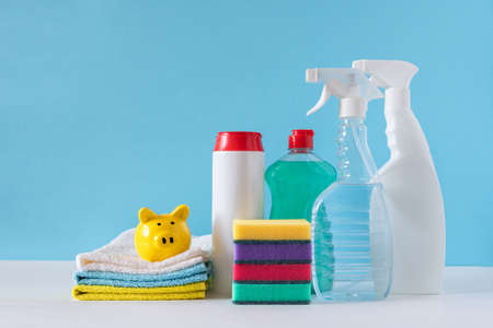 Cleaning products various surfaces in the kitchen, bathroom and other areas. Concept of cleaning services.の写真素材