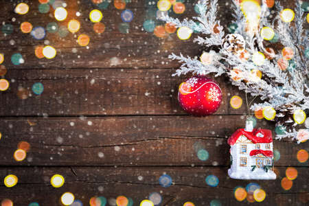 Christmas new year twig on dark wooden backgroundの写真素材