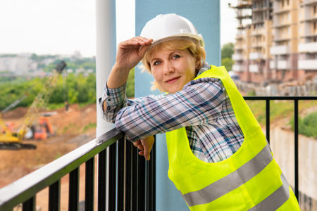 A woman Builder at a construction site inspects a building