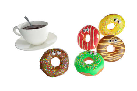 3d illustration. Colorful sweet donuts and a white backgroundの写真素材
