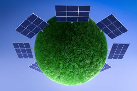 A solar panel on a green planet with grass. Photovoltaic, an alternative source of electricity. Green energy. 3d rendering.の写真素材