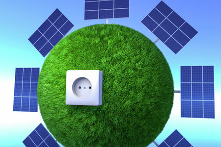 A solar panel on a green planet with grass and an electrical socket. Photovoltaic, an alternative source of electricity. Green energy. 3d rendering.の写真素材