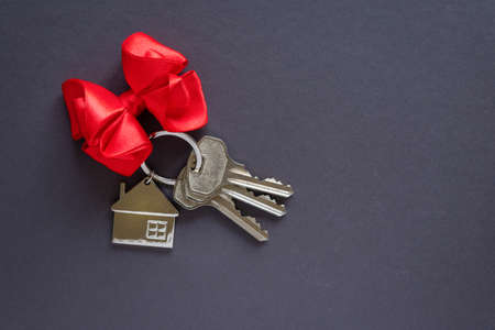 House keys and keychain on dark gray backgroundの写真素材