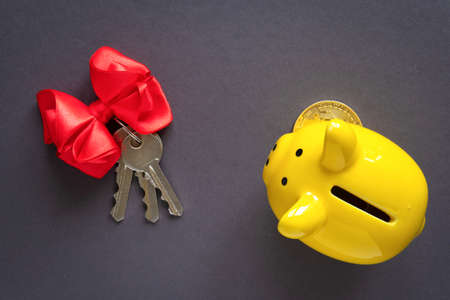 House keys and keychain on dark gray backgroundの写真素材