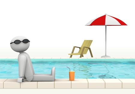 one 3d man at the edge of a swimming pool with sunglasses and a glass of fresh beverage (3d render)の写真素材