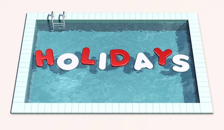 top view of swimming pool with inflatable pillows that form the word holidays (3d render)の写真素材