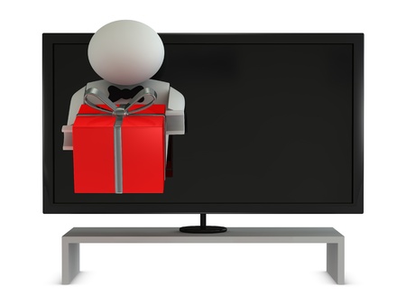 one announcer that goes out from a tv for deliver a prize (3d render)の写真素材