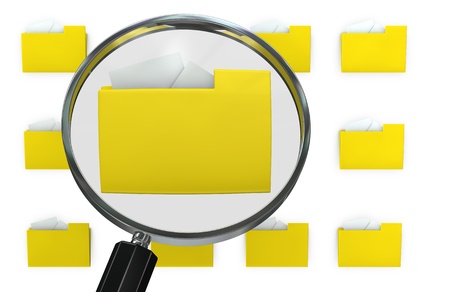 group of computer folders with a magnifying lens that find the right one (3d render)の写真素材