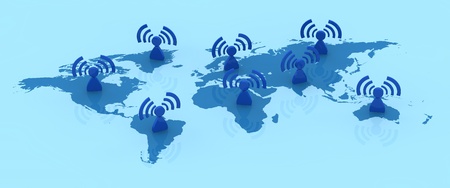 one earth map with people with wifi symbol all over it (3d render)の写真素材