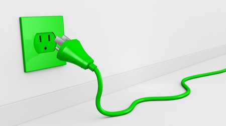 one wall with an electric plug and a cable of green color (3d render). some empty space for textの写真素材