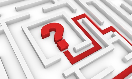 one maze with an arrow pointing to the centre where there is a question mark (3d render)の写真素材