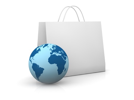 one shopping bag with a world globe (3d render)の写真素材