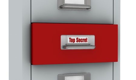 one file drawer with the words: top secret, written on the label of a red drawer (3d render)の写真素材