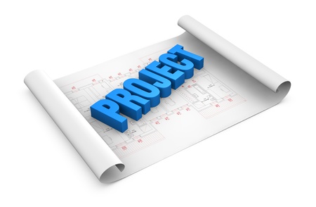 the word: project placed over a plan project (3d render)の写真素材