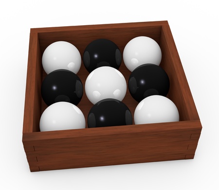 one wooden box filled with spheres (3d render)の写真素材
