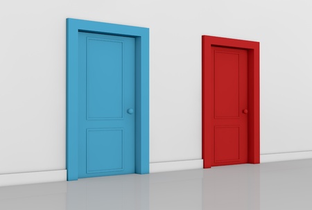 view of a room with two doors of different color (3d render)の写真素材