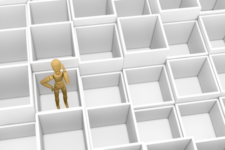 top view of many empty boxes with a wooden dummy inside one of them. the dummy is thinking about what to do (3d render)の写真素材