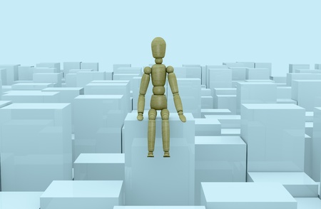front view of many cubes of different size with a wooden dummy sitting on one of them (3d render)の写真素材