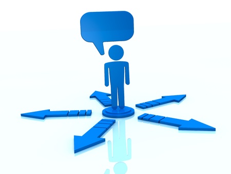 one stylized man with balloon text and arrows pointing outwards (3d render)の写真素材