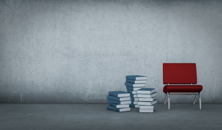 one dirty room with piles of books and a red chair (3d render)の写真素材