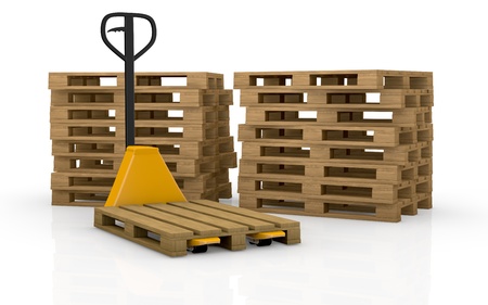 one pallet truck or forklift with two stacks of pallets on background (3d render)の写真素材