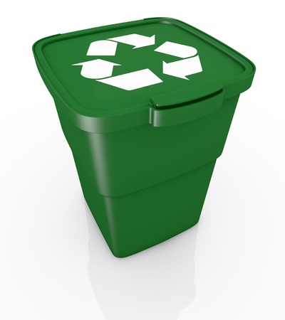 one recycling bin closed, with recycling symbol (3d render)の写真素材
