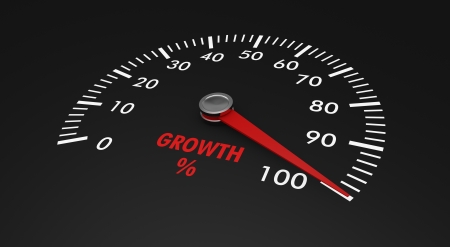 speedometer with growth level, with needle on the 100% (3d render)の写真素材