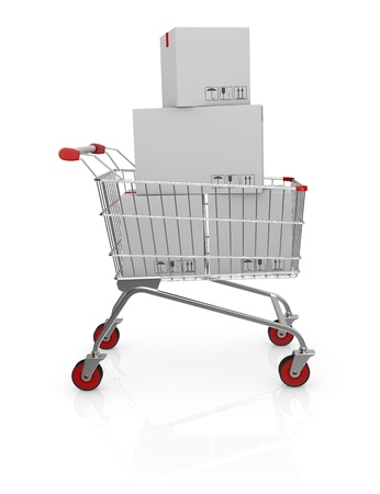 shopping cart with carton boxes (3d render)の写真素材