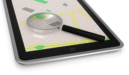 close up view  of a tablet pc with gps map and a magnifying glass (3d render)の写真素材