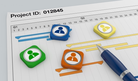 closeup view of a paper document with gantt chart, a pen, and businessman icons (3d render)の写真素材