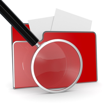 one computer folder with a magnifying glass (3d render)の写真素材