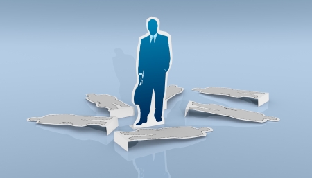 One cardboard cutout of a businessman, and some cardboard cutout lying on the ground (3d render)の写真素材