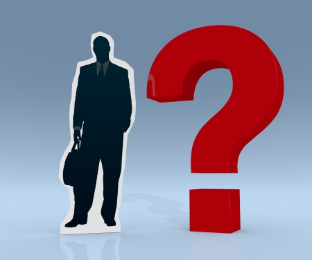 one cardboard cutout of a businessman with a question mark (3d render)の写真素材